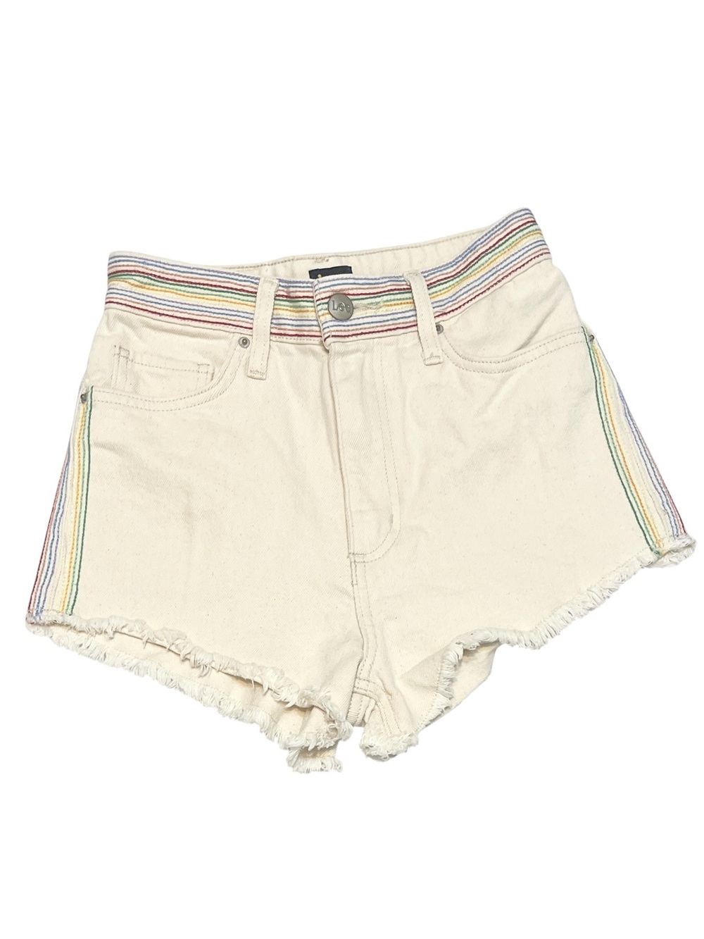 Lee High Waist Cream Denim Cut Off Retro Shorts with Rainbow Detail Stitching 25